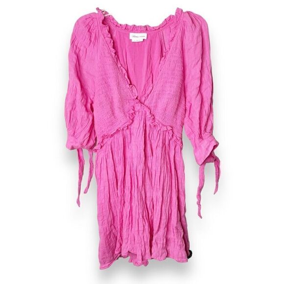 Lovers + Friends Finnegan Hot Pink Fuchsia Smocked Mini Dress V Neck Ruffle XS - Picture 3 of 8